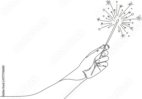 Hand holding sparkler in single line art style on a light beige background