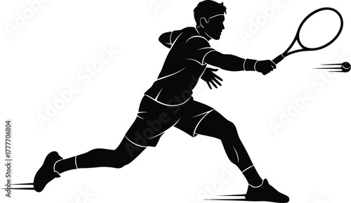 Male tennis player silhouette, dynamic action shot with racket and ball.