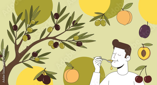 Healthy Lifestyle Depicted: Olive Oil Consumption and Fresh Fruits in Illustration