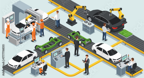 Automobile factory assembly line with robotic arms and workers building cars