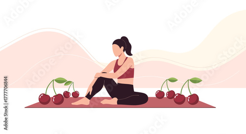 Healthy Lifestyle Depicted Through Young Lady Relaxation with Cherries and Exercise