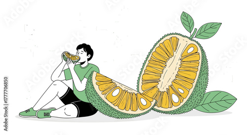 Healthy Lifestyle Depicted, Young Person Relishing Jackfruit, A Fresh Food Illustration