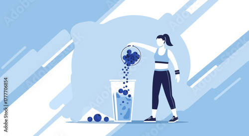 Healthy Lifestyle Depicted, Preparing Nutritional Smoothie, Blue Color Scheme Composition