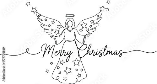 Elegant christmas angel line art with stars and merry christmas text design