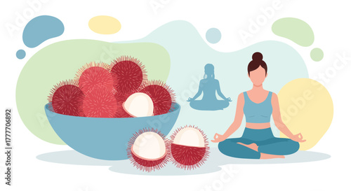 Healthy Living and Calmness Depicted by Exotic Fruits and Meditative Pose