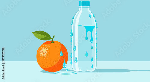 Healthy Refreshment: Orange and Water Bottle Illustration Representing Hydration and Freshness