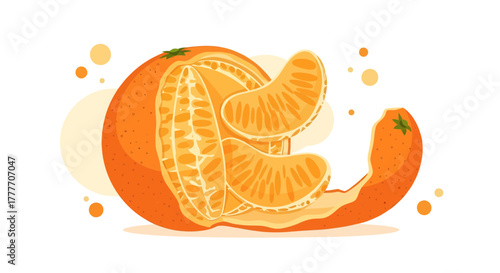 Illustration Of A Fresh Mandarin Citrus Fruit, In The Process Of Being Peeled, Presented In Vector