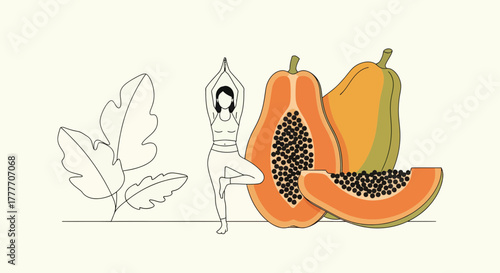 Healthy Yoga Practice with Papaya Fruit and Green Leaf Elements on White Backdrop