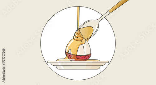 Honey Drizzles Over Exotic Dessert Presented Beautifully Inside a Circular White Frame