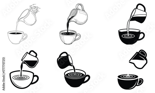 Home barista coffee pouring icons set