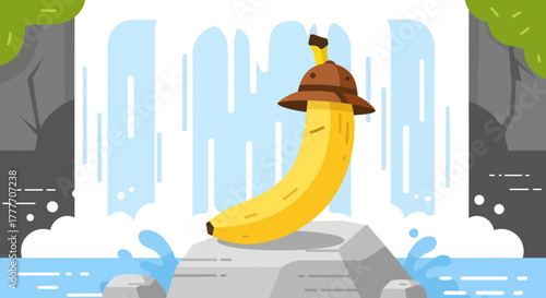 Humorous Banana Explorer Adorned With A Hat Positioned In Front Of A Waterfall