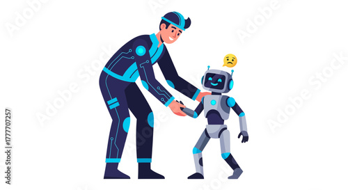 Human Interacting With Friendly Robot, Sharing a Moment in Technological Collaboration