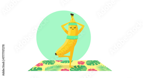 Humorous Banana Person Meditating In A Tree Pose Upon A Yoga Mat