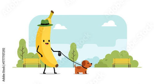 Humorous Banana Personified Walks Dog In The Park On A Delightful Day Adventure
