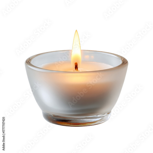 Small tea light candle in frosted glass cup. Isolated white background. Png format
