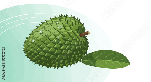 Illustration Of A Fresh Soursop Fruit With Leaf And Water Droplets In Digital Stylized Art