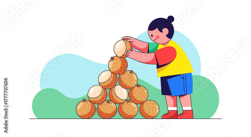 Illustration Of A Child Building A Pyramid Of Fresh Longan Fruit For A Delightful Moment