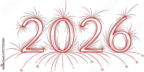 Stylized 2026 new year design with red line art on a white clean background