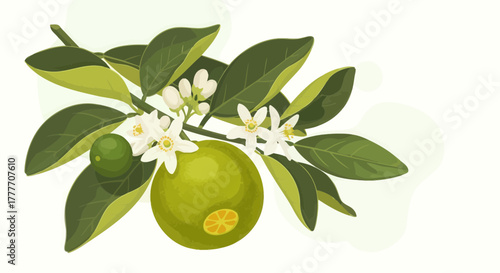 Illustration Of A Citrus Branch With Fruits Blossoms And Lush Green Foliage