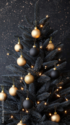 Black christmas tree decorated with gold and black ornament and warm light create elegant festive atmosphere for christmas celebration