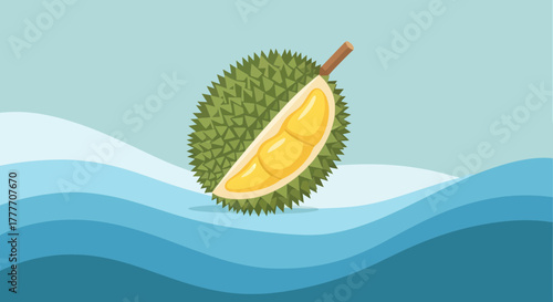 Illustration Of A Cut Durian On Water Representing Exotic Food Delight