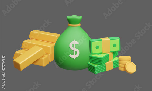 Treasure in bank treasury vault 3D vector illustration. Fabric money bag with dollar sign, stack of cash currency bills banknotes, gold bar bricks and pile of golden coins render