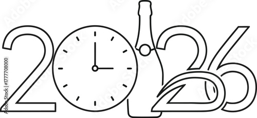 Elegant 2026 new year design with clock and champagne bottle on white background