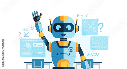 Illustration Of A Friendly Robot Addressing Mathematical Concepts With Futuristic Style