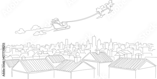 Santa claus flying over city rooftops in his sleigh christmas eve outline drawing