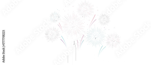 Fireworks over city skyline illustration on black background for celebration