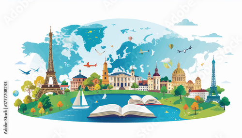 World landmarks and open book with transparent background
