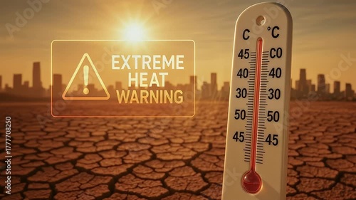 Extreme heat warning thermometer reads high over cracked desert ground and sunlit dry earth with hazy urban skyline under intense sun conveying heatwave urgency and drought emergency