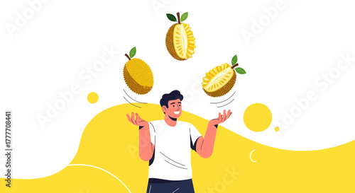 Illustration Of A Man Juggling Exotic Fruit With Abstract Shape Background