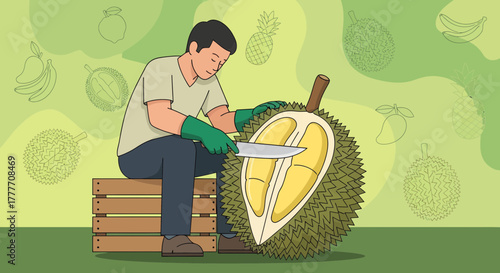 Illustration Of A Man Opening The Durian Fruit With A Large Knife And Gloves