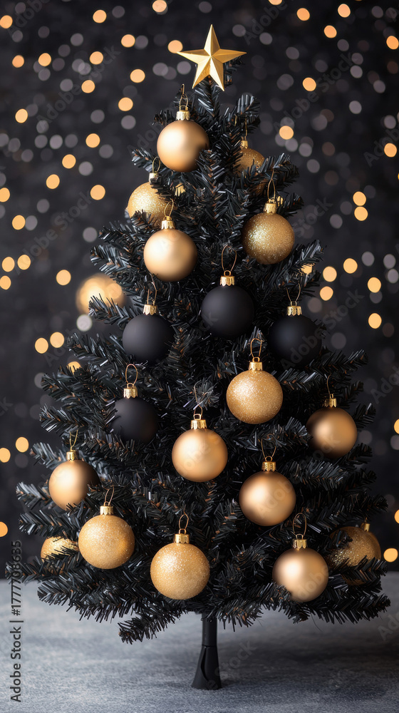 Fototapeta premium Black artificial christmas tree decorated with gold ornament and star on top festive bokeh background elegant holiday celebration
