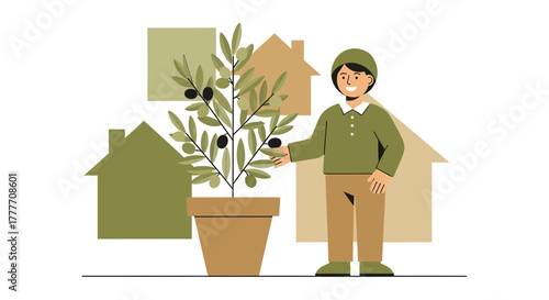 Illustration Of A Person Admiring Olive Tree In A Pot In Front Of Silhouettes Houses
