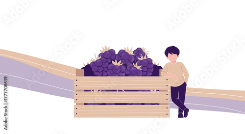 Illustration Of A Person Beside a Wooden Crate Full Of Fresh Grapes In The Summer