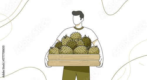 Illustration Of A Person Carrying A Wooden Crate Full Of Exotic Spiky Fruit