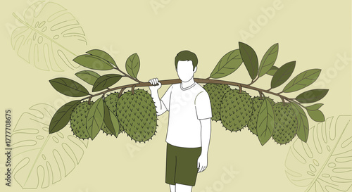 Illustration Of A Person Carrying Fruits On A Branch In Vector Style For Stock