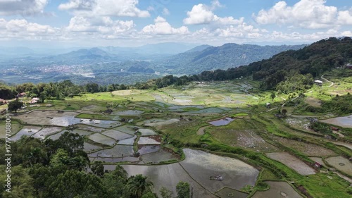 Aerial view of rice terraces near Rantepao, Tana Toraja, Indonesia, with lush greenery, water-filled paddies, and scattered rocks.	