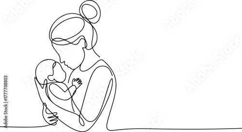 Mother Holding Baby Continuous Line Art Drawing Calm Portrait Minimalistic Style