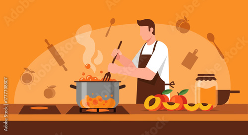 Illustration Of A Person Preparing Peach Preserves In A Kitchen Setting And Background