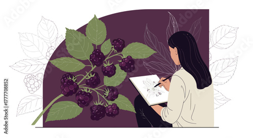 Illustration Of A Person Sketching Berries And Leaves For Botanical Study