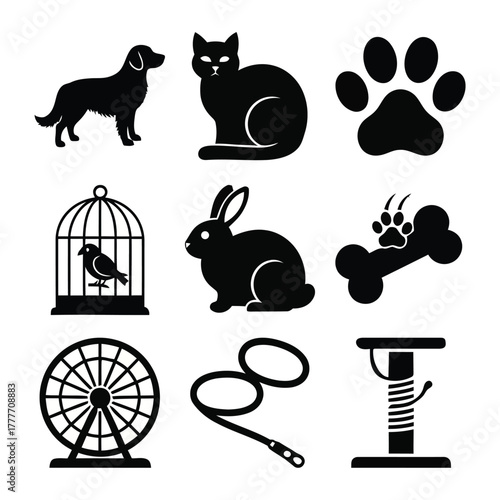 Collection of pet silhouettes and accessories
