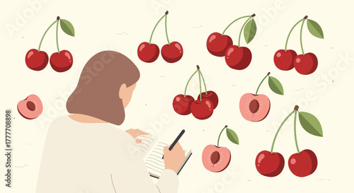 Illustration Of A Person Writing Notes About Cherries And Peach Fruit On Paper