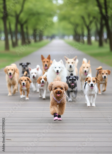 わんこ達を引き連れて走るトイ・プードル