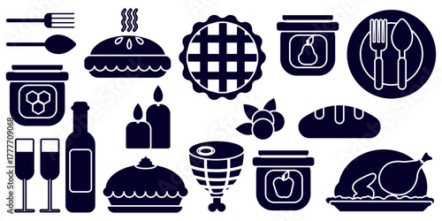 Black silhouette of  festive Thanksgiving dinner. Roasted turkey, wine, pies, fruit jam, and honey. Perfect for holiday cards, posters, and invitations.