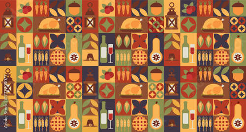 Colorful geometric square background featuring autumn harvest and Thanksgiving symbols inside each block. Modern Bauhaus concept for posters, banners, and seasonal ads.