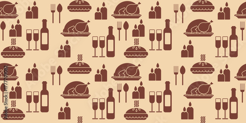 Seamless pattern with brown silhouettes of roasted turkey, pie, wine, candles, and cutlery on a light background. Perfect for Thanksgiving wrapping paper and textile design.