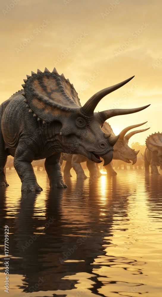 Fototapeta premium Triceratops herd standing in shallow water during a golden sunset creating reflections